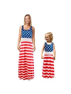 Ttbuy Mommy and Me 4th of July American Flag Striped Dot Stitching Maxi Dresses Summer Family Matching Sleeveless Sundress
