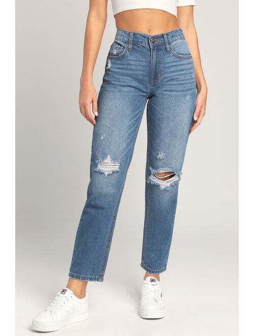 Lulus L.A. Lover Medium Wash High-Rise Distressed Straight Leg Jeans