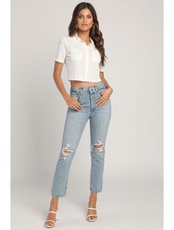 Riley Medium Wash High Rise Distressed Straight Cropped Jeans