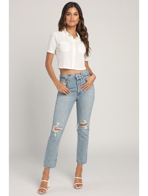 AGOLDE Riley Medium Wash High Rise Distressed Straight Cropped Jeans