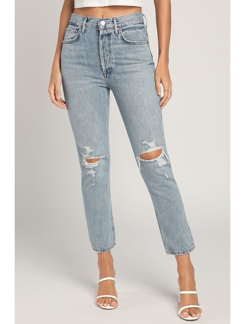 AGOLDE Riley Medium Wash High Rise Distressed Straight Cropped Jeans