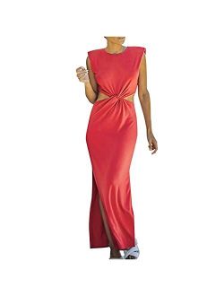 YADEOU Women Double Slit Maxi Dress Tropical Style Sleeveless Crew Neck Twist Knot Cut Out Open Waist Beach Evening Dresses