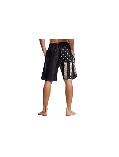 UOER Dark Black American Flag Mens Beach Shorts Swimming Trunks Quick Drying Board Shorts with Mesh Lining