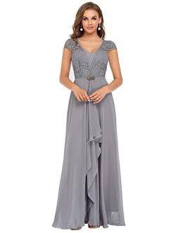 Women's Long A-line Lace Cap Sleeve Chiffon Formal Evening Gowns 7986