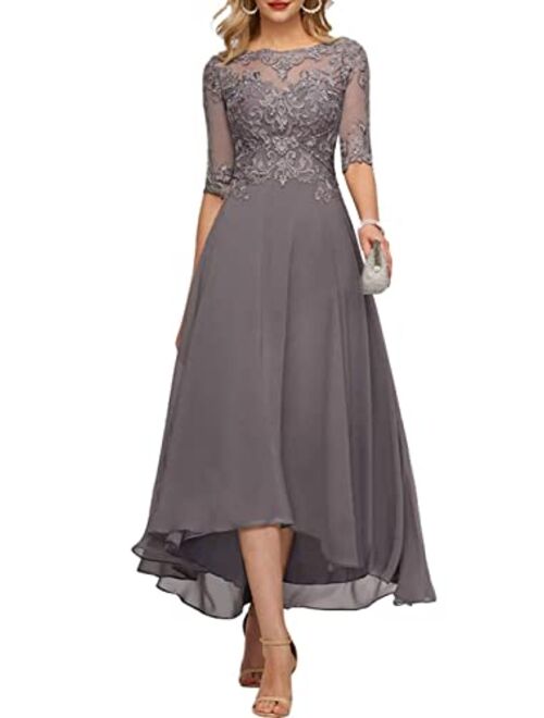 Kosoze Lace Applique Mother of The Bride Dress 1/2 Sleeve High Low Chifon Formal Evening Dress for Wedding Guest Scoop Neck