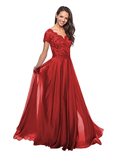 Mozhete Women's V-Neck Lace Long Mother of The Bride Dress with Pockets Formal Evening Gown
