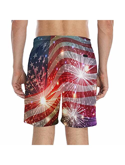 InterestPrint July 4th America Fireworks Boardshort Swim Trunks for Men Beach Quick Dry Swimming Shorts