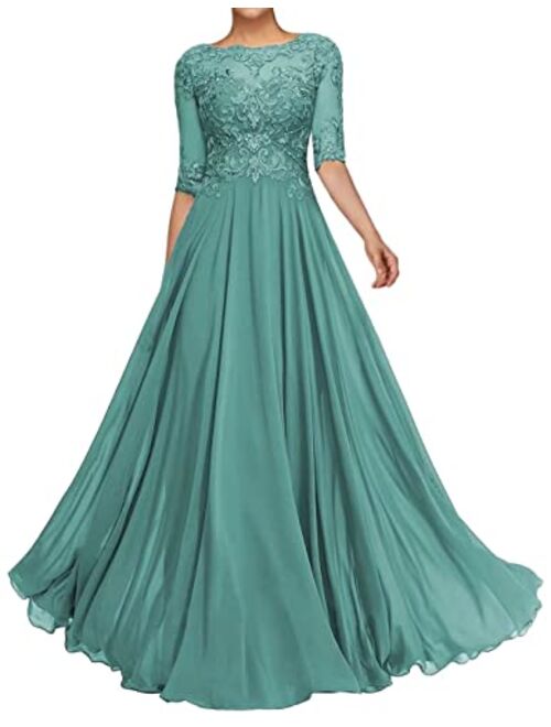 Fangheia Women's Lace Appliques Mother of The Bride Dresses 1/2 Sleeve Long Formal Evening Dresses for Wedding Guest