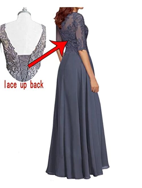 Fangheia Women's Lace Appliques Mother of The Bride Dresses 1/2 Sleeve Long Formal Evening Dresses for Wedding Guest