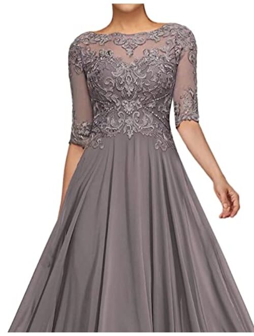 Fangheia Women's Lace Appliques Mother of The Bride Dresses 1/2 Sleeve Long Formal Evening Dresses for Wedding Guest