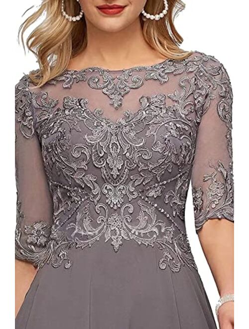 Fangheia Women's Lace Appliques Mother of The Bride Dresses 1/2 Sleeve Long Formal Evening Dresses for Wedding Guest
