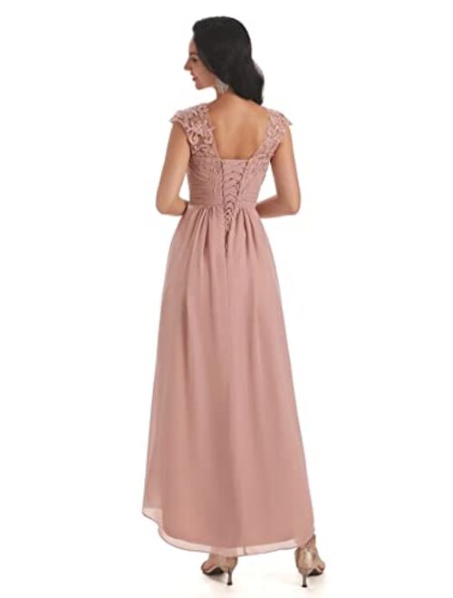 Shyijia Women's Vintage Floral Lace Chiffon Mother of The Bride Dresses with Pockets Cap Sleeve Hi-Lo A Line Formal Evening Gown