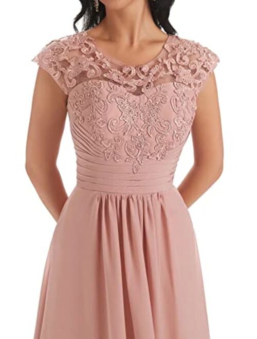 Shyijia Women's Vintage Floral Lace Chiffon Mother of The Bride Dresses with Pockets Cap Sleeve Hi-Lo A Line Formal Evening Gown