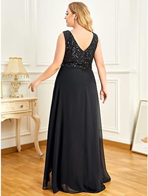 Alisapan Women's Plus Size Womens Plus Size A-Line Stunning Sequins High Low Prom Dress 0410