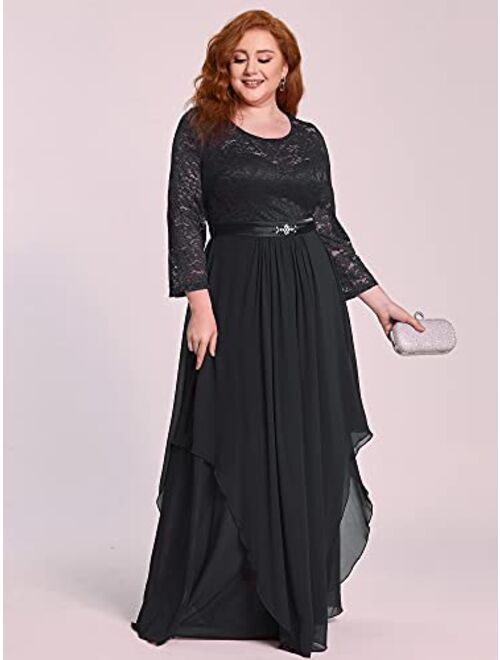 Alisapan Women's Plus Size Chiffon Pleated Long Sleeves Lace Bridesmaid Dress 00759
