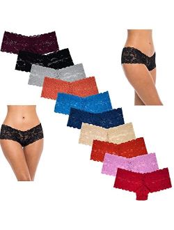 Sexy Basics Women's 10 Pack Lace Hipster Panties | Ultra Soft & Stretchy Hallowed Out Lace Seamless Panties