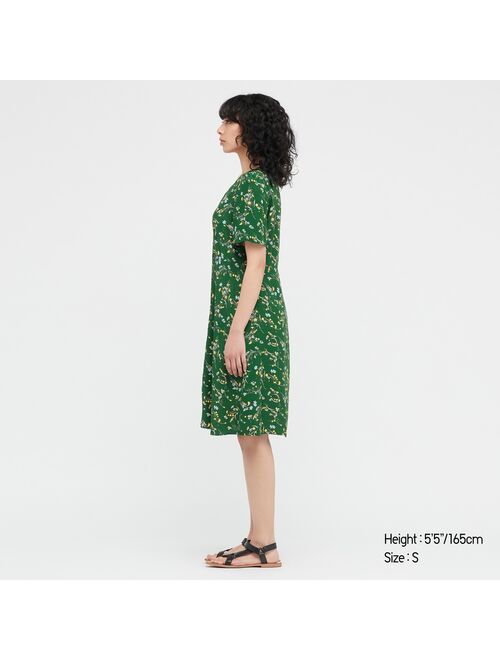 UNIQLO Printed V-Neck Short-Sleeve Flare Mini Dress