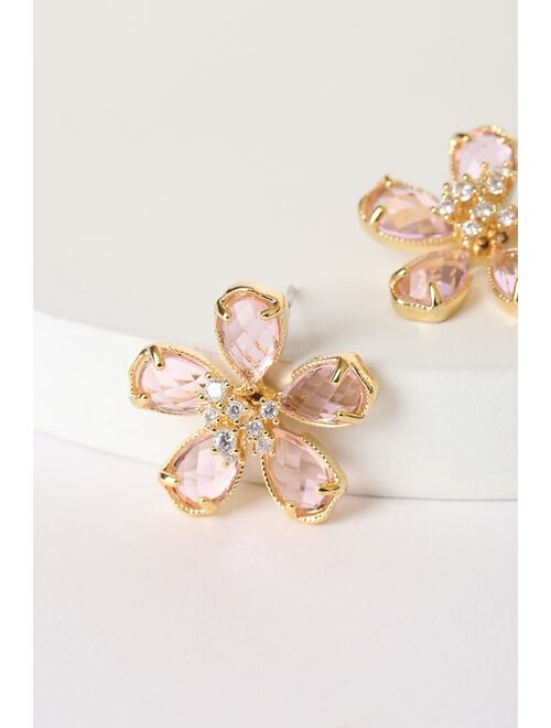 Lulus Ready for Radiance Gold Rhinestone Floral Stud Earrings