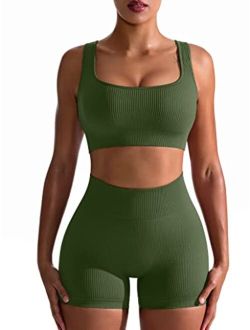 OQQ Workout Outfits for Women 2 Piece Seamless Ribbed High Waist Leggings with Sports Bra Exercise Set