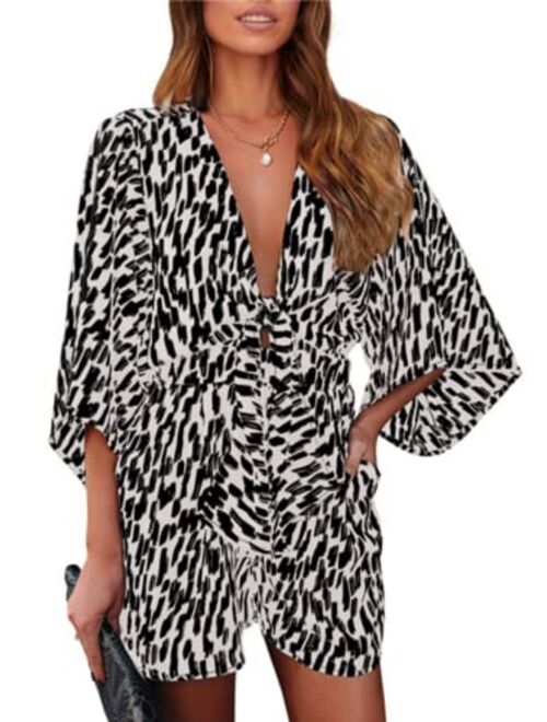 PRETTYGARDEN Women’s Leopard Print Shorts Jumpsuit Wrap V Neck 3/4 Sleeve Casual Loose Oversized Romper With Pockets