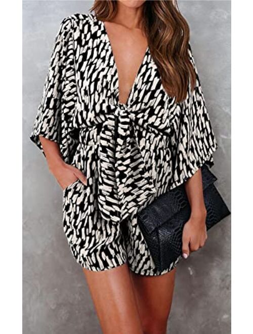 PRETTYGARDEN Women’s Leopard Print Shorts Jumpsuit Wrap V Neck 3/4 Sleeve Casual Loose Oversized Romper With Pockets