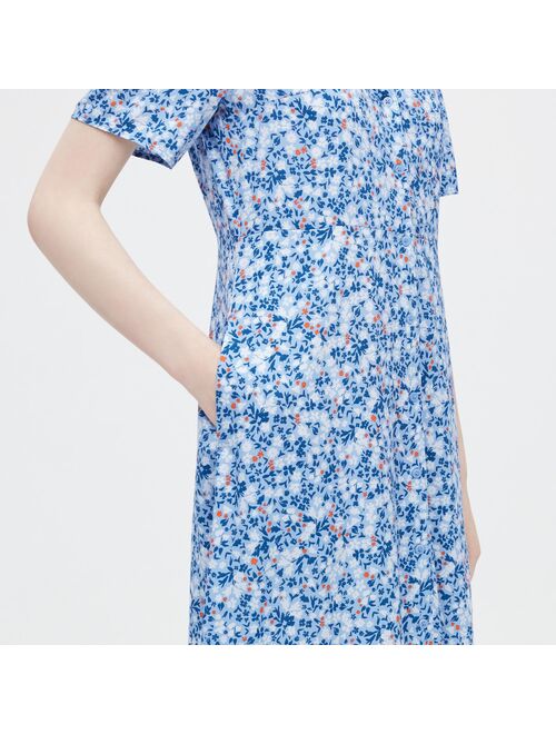 Uniqlo Printed V-Neck Short Sleeve Flare Midi Dress