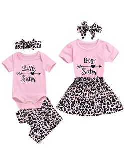 GRNSHTS Baby Girl Sister Matching Clothes Little Big Sister Short Sleeve Romper Shirt+Leopard Shorts Skirt+Headband 3Pcs Outfits