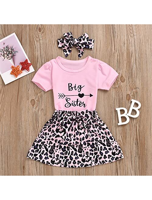GRNSHTS Baby Girl Sister Matching Clothes Little Big Sister Short Sleeve Romper Shirt+Leopard Shorts Skirt+Headband 3Pcs Outfits