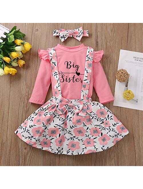 ZOELNIC Baby Toddler Girl Sister Matching Outfits Ruffle Romper Shirt+Floral Suspender Dress Pants+Headband 3Pcs Fall Winter Clothes