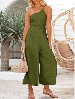 Women's Summer Straps One Shoulder Pleated High Waist Casual Wide Leg Jumpsuit Romper with Pockets