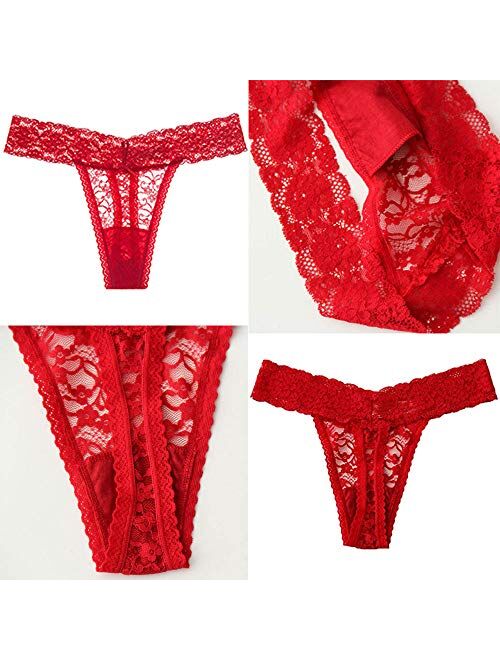 ZBORH Women's Sexy Lace Cheeky Thong Underwear Nylon Hipster See Through Panties Pack of 5