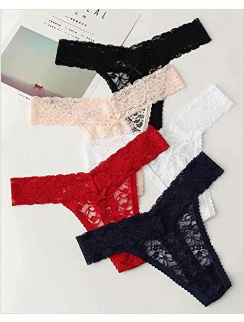 ZBORH Women's Sexy Lace Cheeky Thong Underwear Nylon Hipster See Through Panties Pack of 5