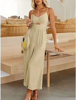 Women's Summer Spaghetti Straps V Neck Cutout Smocked High Waist Wide leg Jumpsuits Rompers with Pockets