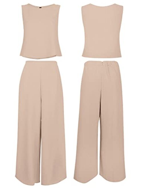 ROYLAMP Women's Summer 2 Piece Outfits Round Neck Crop Basic Top Cropped Wide Leg Pants Set Jumpsuits
