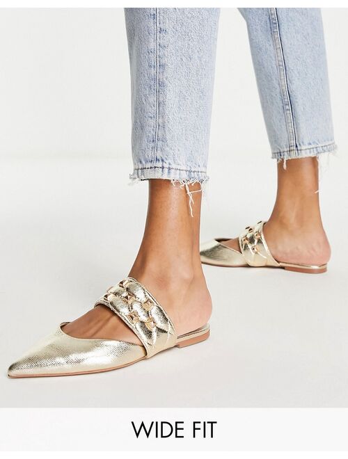 ASOS DESIGN Wide Fit Leah studded point ballet mules in gold metallic