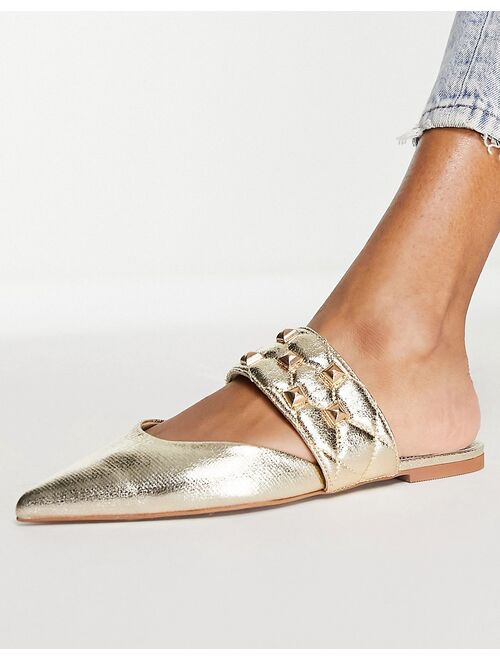 ASOS DESIGN Wide Fit Leah studded point ballet mules in gold metallic