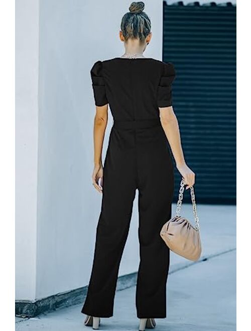 BLENCOT Womens Jumpsuit Short Sleeve Casual v Neck Belted Wide Leg Formal Rompers Jumpsuits S-XL