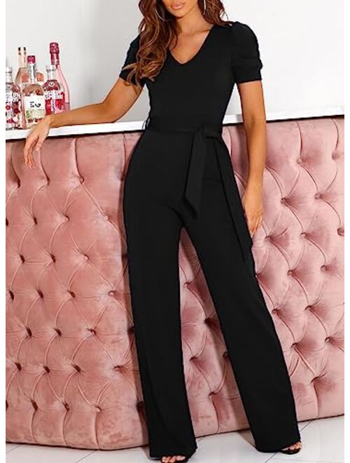 BLENCOT Womens Jumpsuit Short Sleeve Casual v Neck Belted Wide Leg Formal Rompers Jumpsuits S-XL