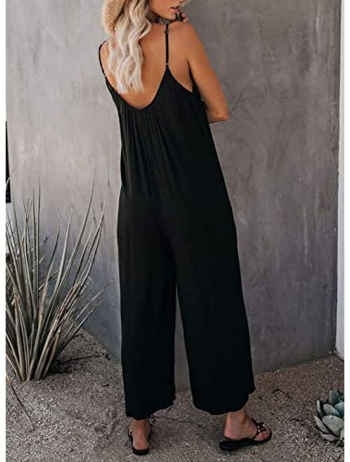 Happy Sailed Women's Casual Sleeveless Front Button Loose Jumpsuits Stretchy Long Pants Romper with Pockets