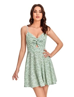 Women's Floral Print V Neck Cut Out Spaghetti Straps Sleeveless Mini Dress