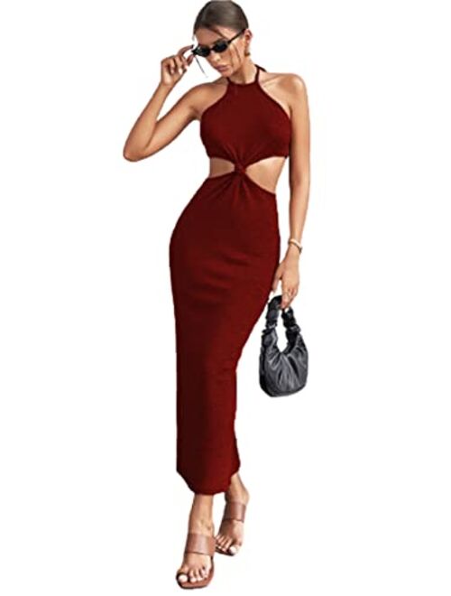 SOLY HUX Women's Cut Out Knot Front Tie Back Halter Sleeveless Long Maxi Dress