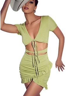 Women's Cut Out Ruffle Ruched Bodycon Mini Dress Short Sleeve Tie Front Wrap Short Dresses