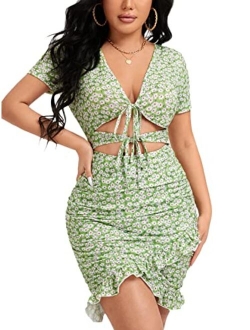 Women's Cut Out Ruffle Ruched Bodycon Mini Dress Short Sleeve Tie Front Wrap Short Dresses