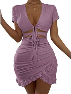 Women's Cut Out Ruffle Ruched Bodycon Mini Dress Short Sleeve Tie Front Wrap Short Dresses