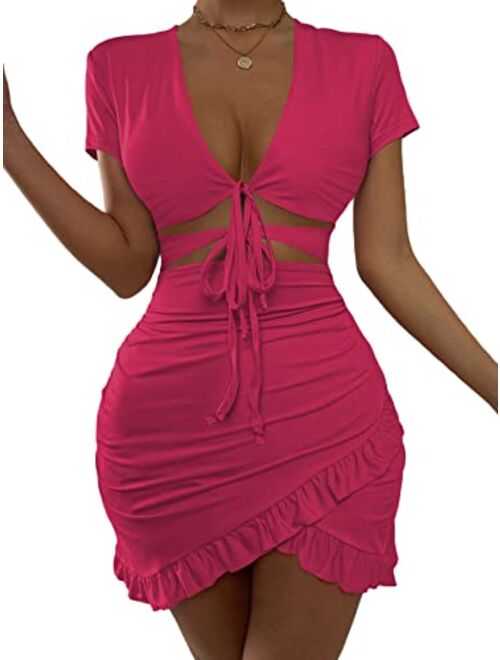 SheIn Women's Cut Out Ruffle Ruched Bodycon Mini Dress Short Sleeve Tie Front Wrap Short Dresses