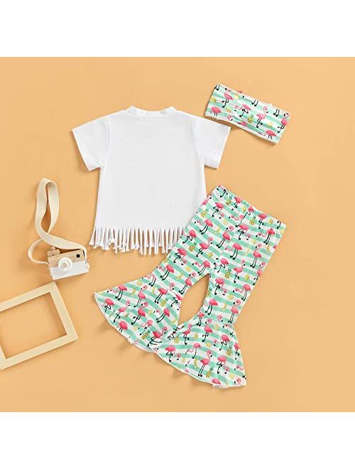Guodeunh Baby Girl Sister Matching Outfits Short Sleeve Flamingo Tassel Shirt Top+Flare Pants/Shorts+Headband 3Pcs Summer Clothes