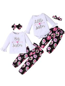 GRNSHTS Baby Girl Sister Matching Outfits Little Big Sister Prited Romper Top Floral Pants with Headband 3Pcs Outfits