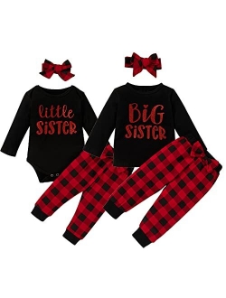 GRNSHTS Kids Toddler Baby Girl Sister Macthing Pants Set Letter Romper T-Shirt + Plaid Pants with Headband Clothes Set