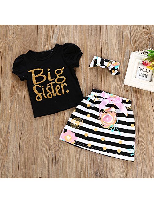puseky Baby Girls Sister Matching Outfits Big Little Big Sister Short Sleeve Top Romper Skirt Headband 3Pcs Clothes Set