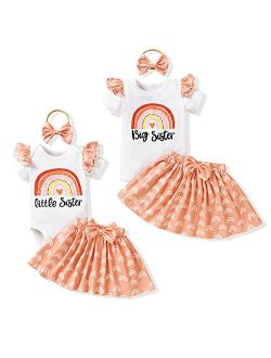 Honykids Toddler Baby Girls Sister Matching Outfits Baby Little Sister Romper Big Sister Tops + Floral Skirt Pants Clothes Set